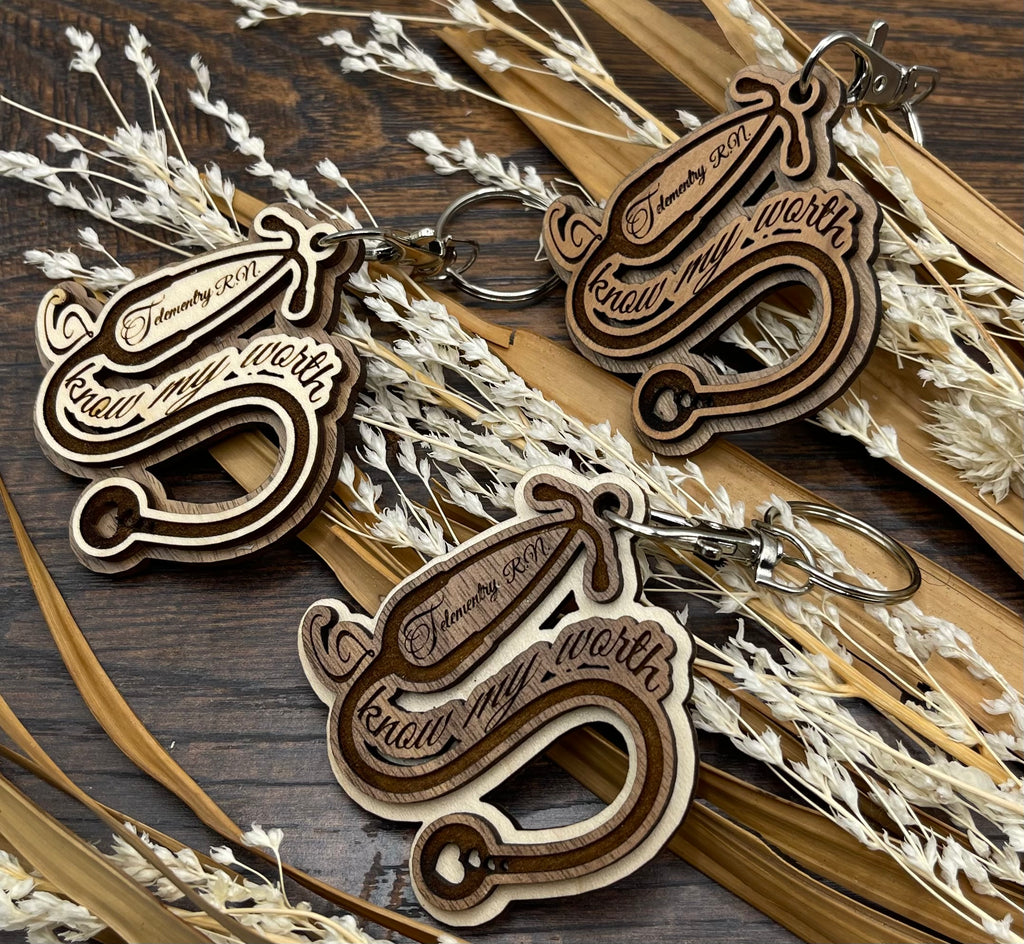 Laser Engraved Wooden Stethoscope Keychain – Know Your Worth/Telemetry RN